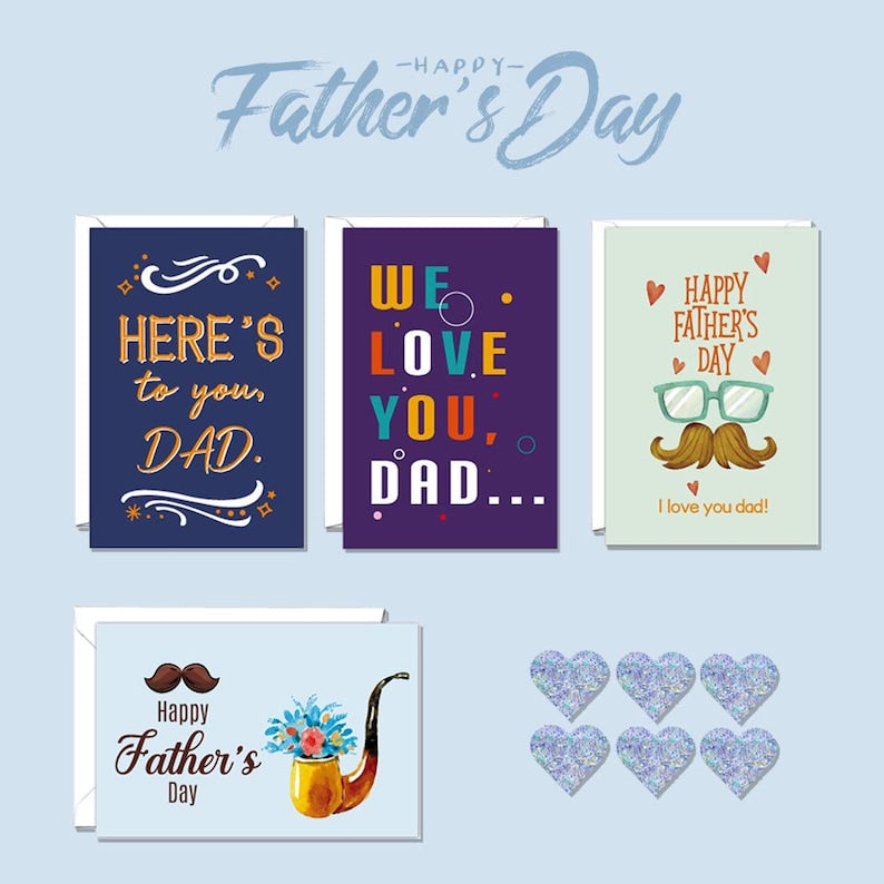 4Pcs Father’s Day Card Set with Stickers for Dad Gift, DIY Style Greeting Pack