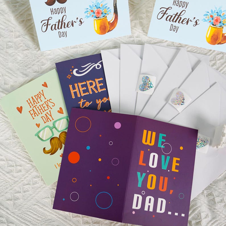 4Pcs Father’s Day Card Set with Stickers for Dad Gift, DIY Style Greeting Pack