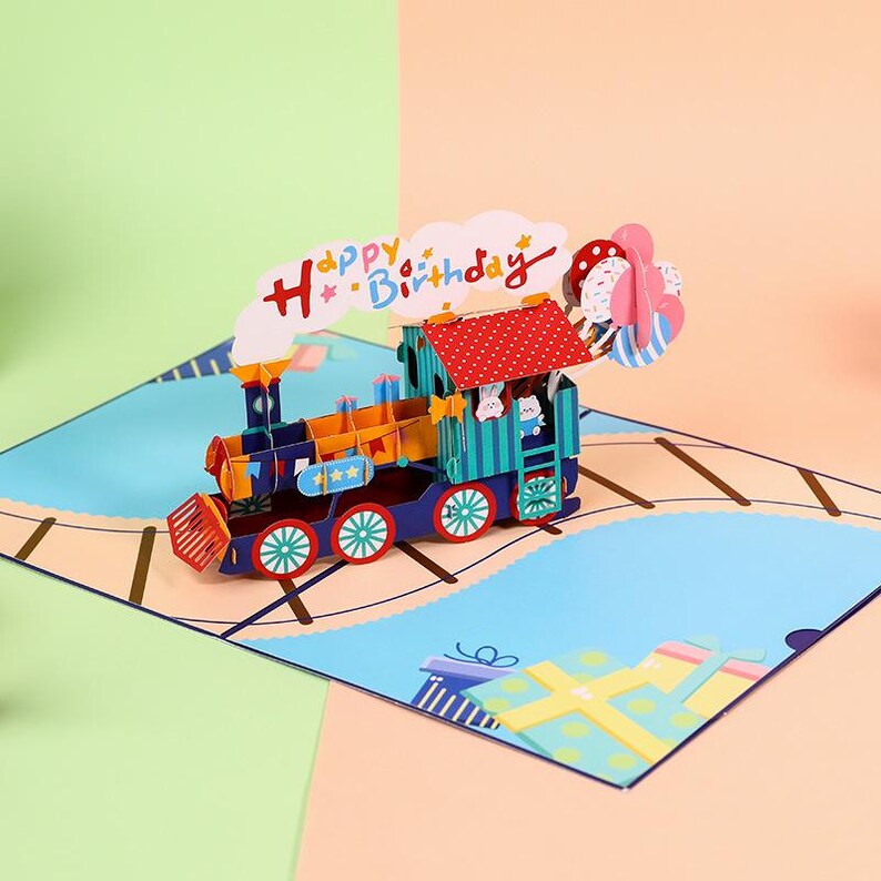 Birthday Pop Up Card Train Design Gift for Kids Party Decor