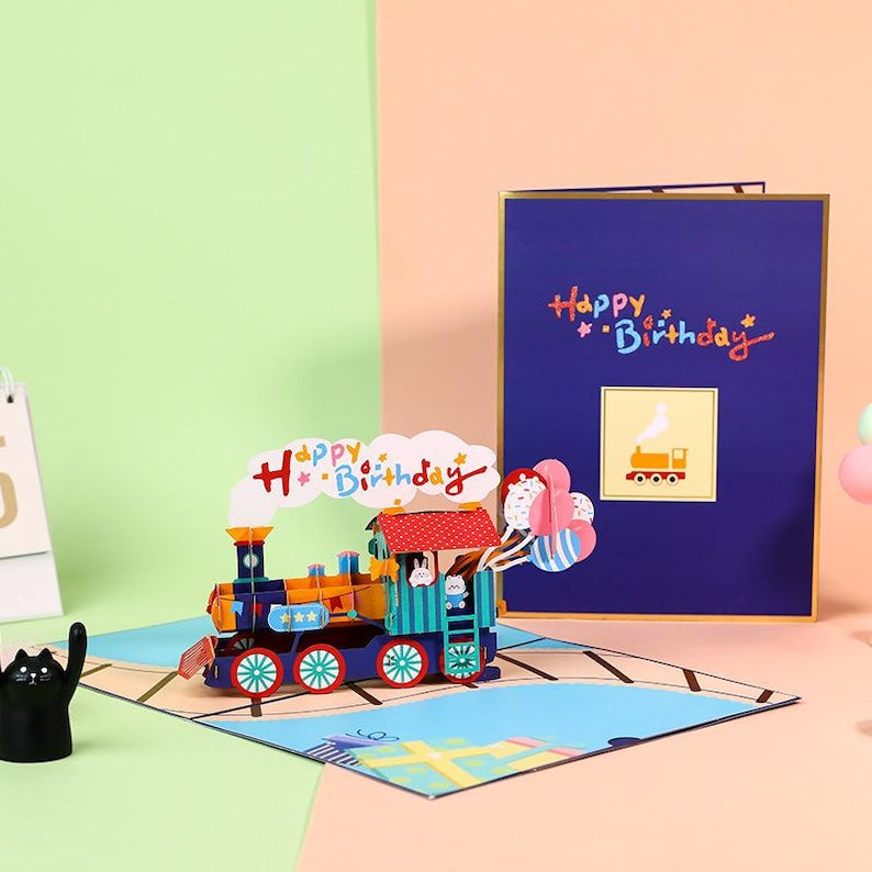 Pop Up Train Card Vintage 3D Greeting Gift for Dad Train Lover Decor