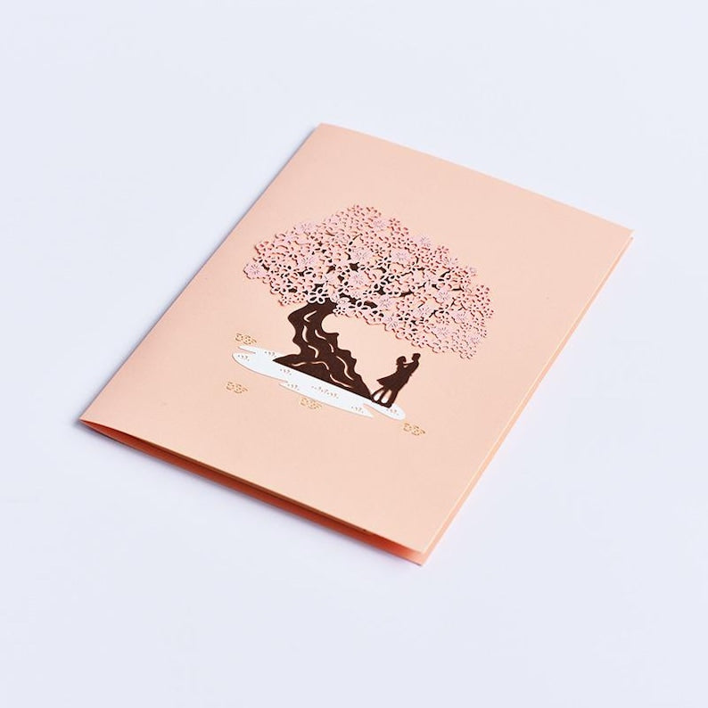 Cherry Blossom Pop Up Card, Romantic Sakura Couple Scene, Anniversary Love Note Paper Greeting