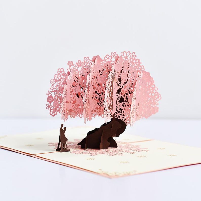Cherry Blossom Pop Up Card, Romantic Sakura Couple Scene, Anniversary Love Note Paper Greeting