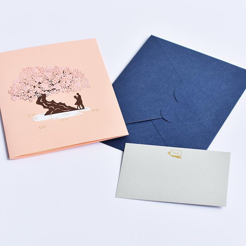 Cherry Blossom Pop Up Card, Romantic Sakura Couple Scene, Anniversary Love Note Paper Greeting