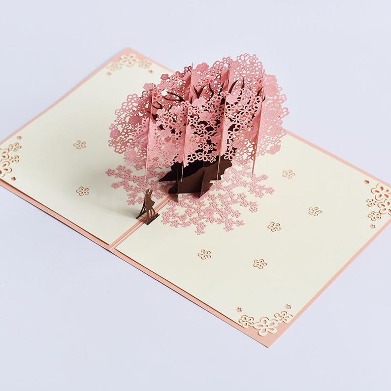 Cherry Blossom Pop Up Card, Romantic Sakura Couple Scene, Anniversary Love Note Paper Greeting