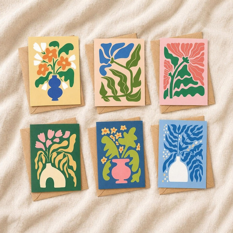Set of 6 Botanical Floral Greeting Card Set with Envelopes for Wedding Thank You