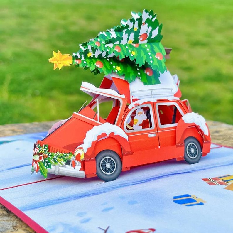 Christmas Car Pop Up Card: Festive Cozy Holiday Scene, Paper Cutting Greeting