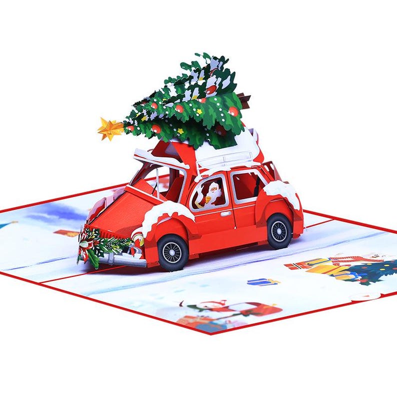 Christmas Car Pop Up Card: Festive Cozy Holiday Scene, Paper Cutting Greeting
