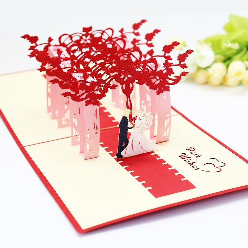 Romantic Wedding Pop Up Card: 3D Paper Carving Scene, Keepsake Greeting (7×13 in)