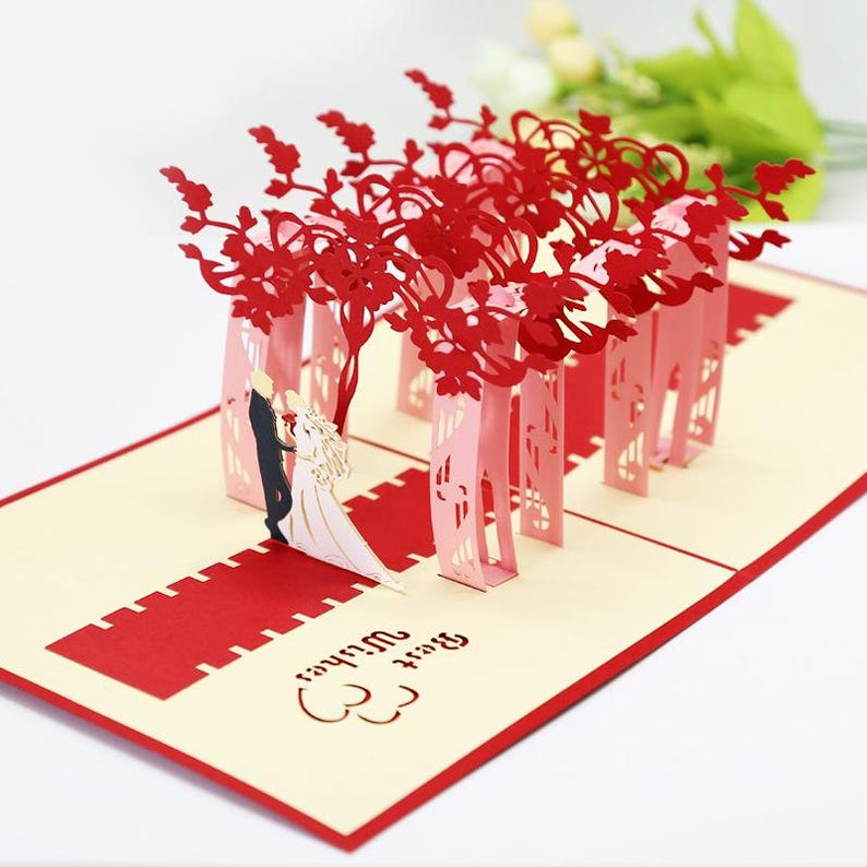 Romantic Wedding Pop Up Card: 3D Paper Carving Scene, Keepsake Greeting (7×13 in)