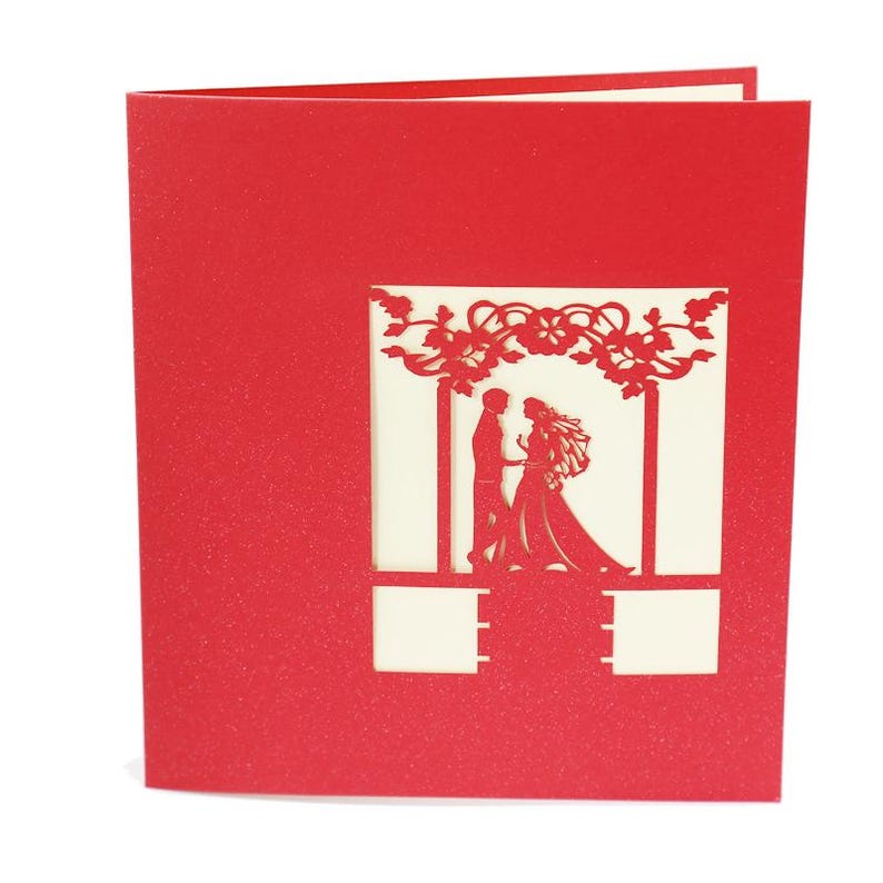 Romantic Wedding Pop Up Card: 3D Paper Carving Scene, Keepsake Greeting (7×13 in)