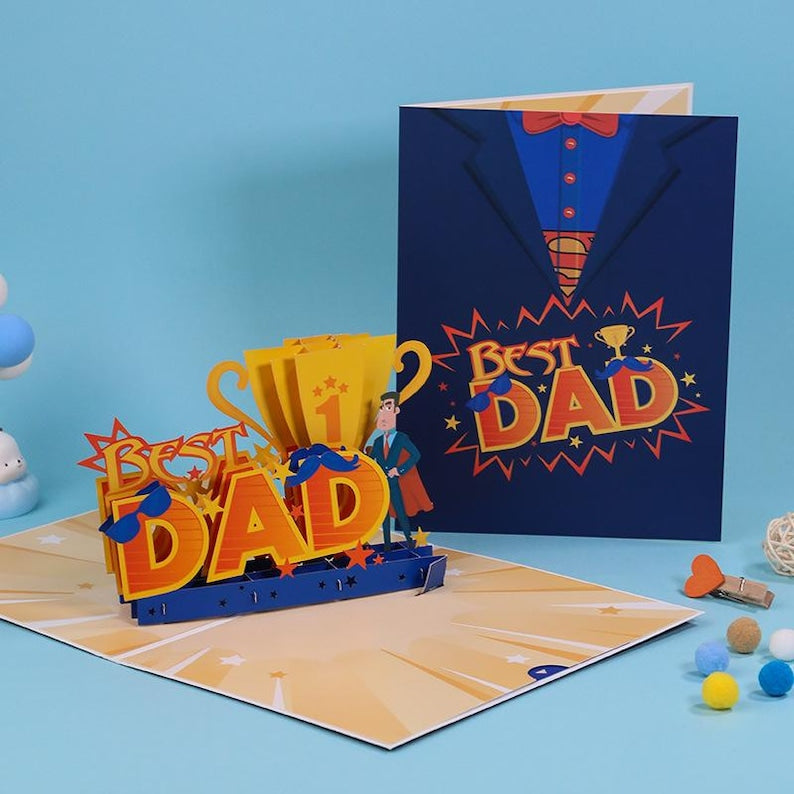 Dad Trophy Pop Up Card, Father's Day Greeting Card, 3D Award Display (15x20 cm)
