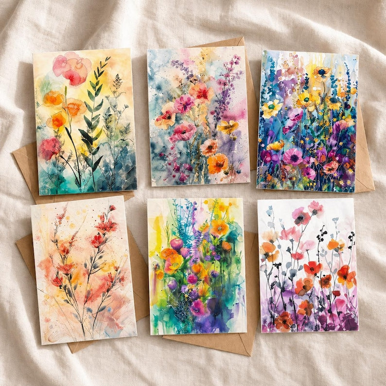 Watercolor Floral Love Cards, Romantic Blank Notes with Envelopes 12Pcs