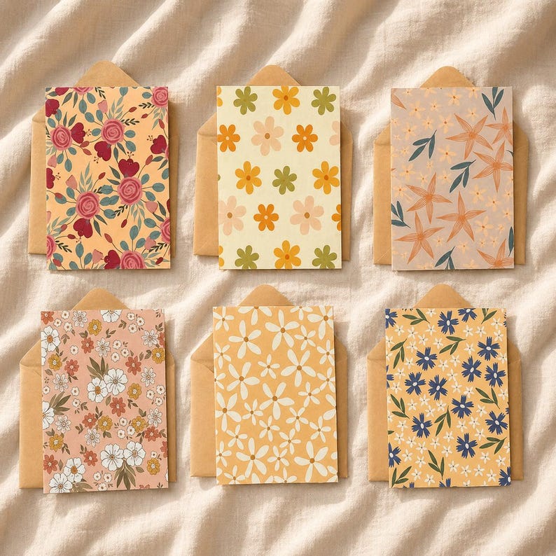 Set of 6 Botanical Floral Greeting Card Set with Envelopes for Wedding Thank You