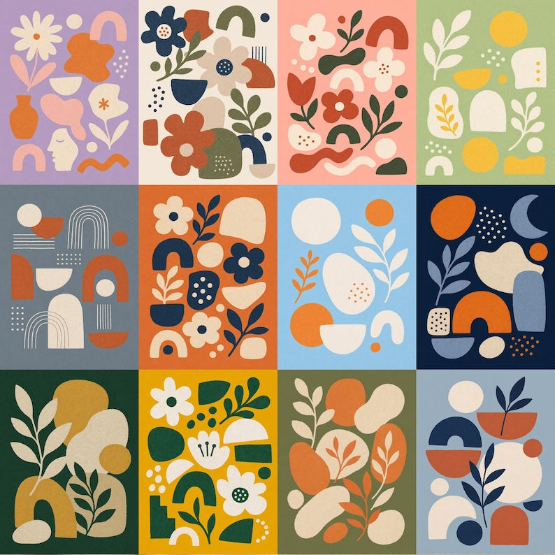Abstract Floral Greeting Cards Set – Modern Boho Botanical Stationery (4x6in, 12Pcs)