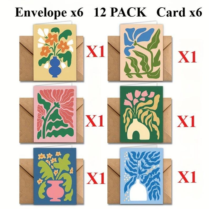 Set of 6 Botanical Floral Greeting Card Set with Envelopes for Wedding Thank You
