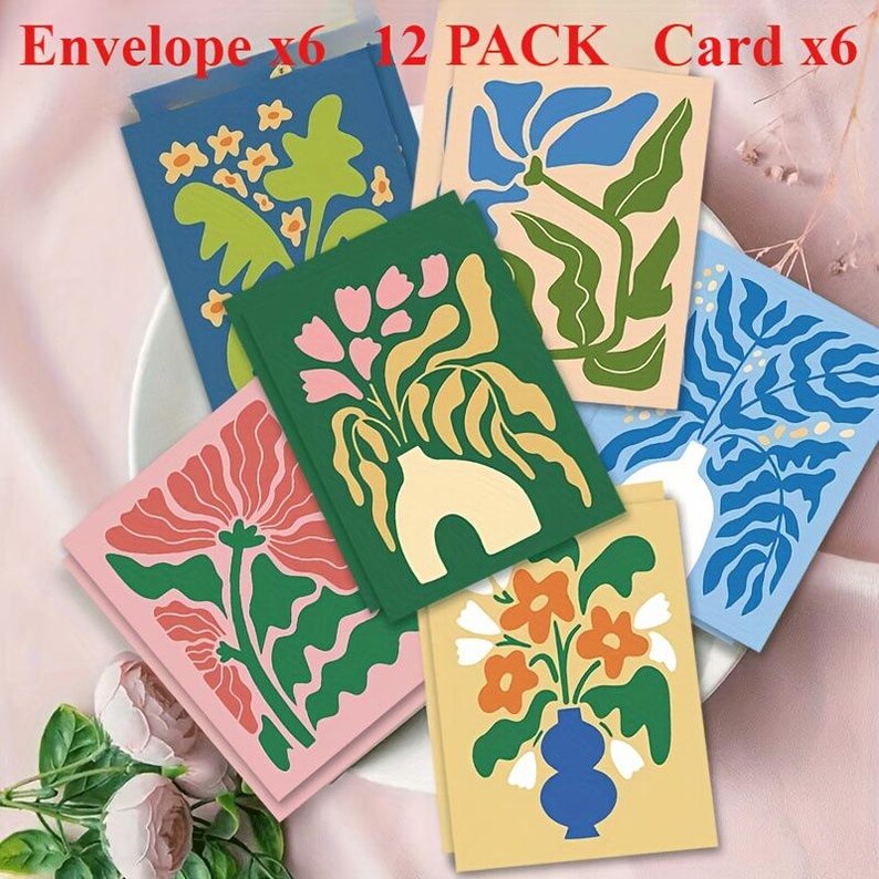 Set of 6 Botanical Floral Greeting Card Set with Envelopes for Wedding Thank You