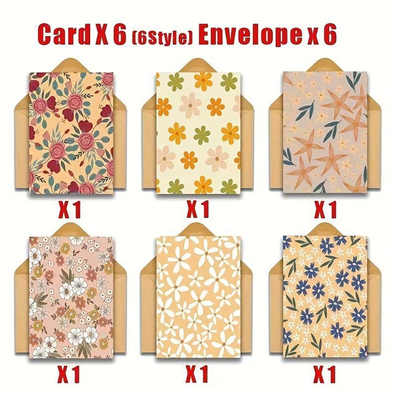 Set of 6 Abstract Floral Greeting Card Set for Friends Gift with Envelopes