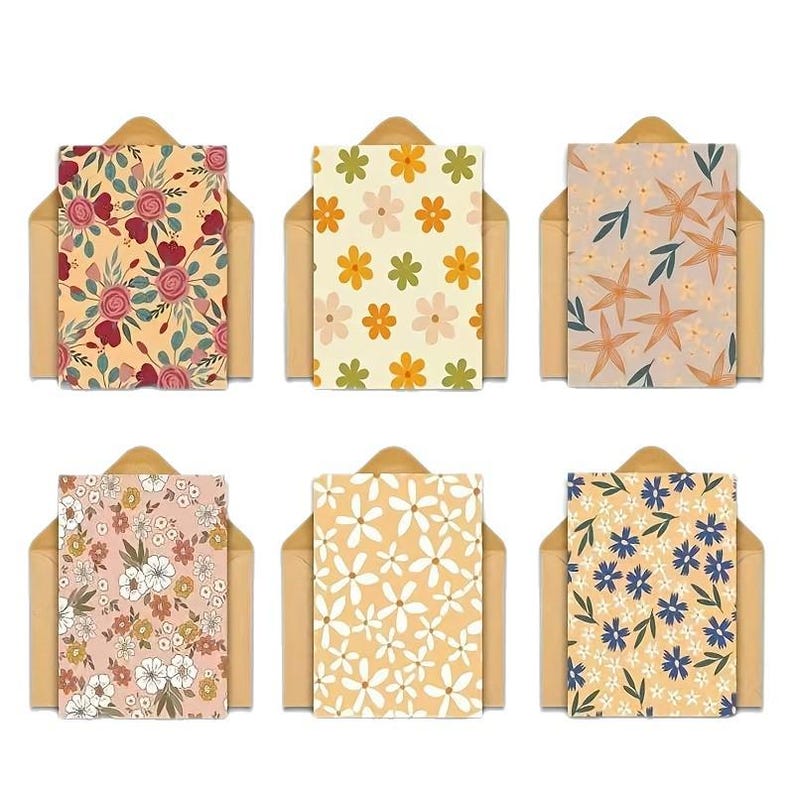 Set of 6 Abstract Floral Greeting Card Set for Friends Gift with Envelopes