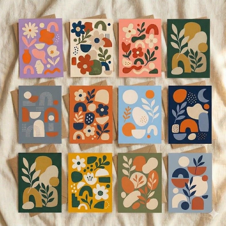 Boho Greeting Card Set of 6 with Envelopes, Blank Desert Floral Sun Rainbow Cards