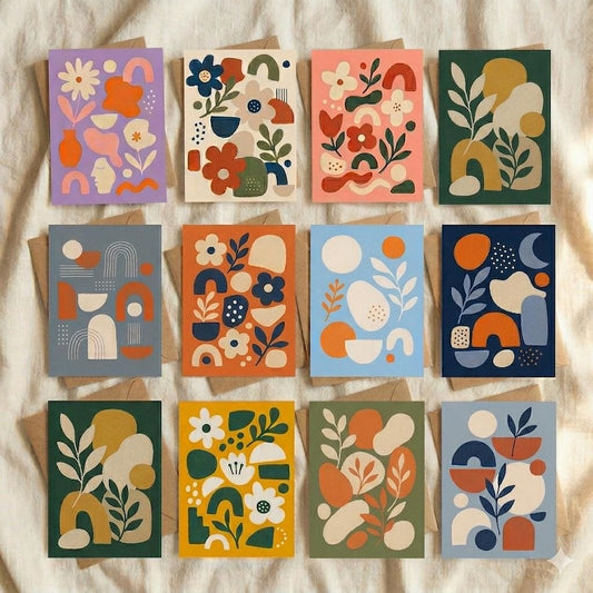 Abstract Floral Greeting Cards Set – Modern Boho Botanical Stationery (4x6in, 12Pcs)