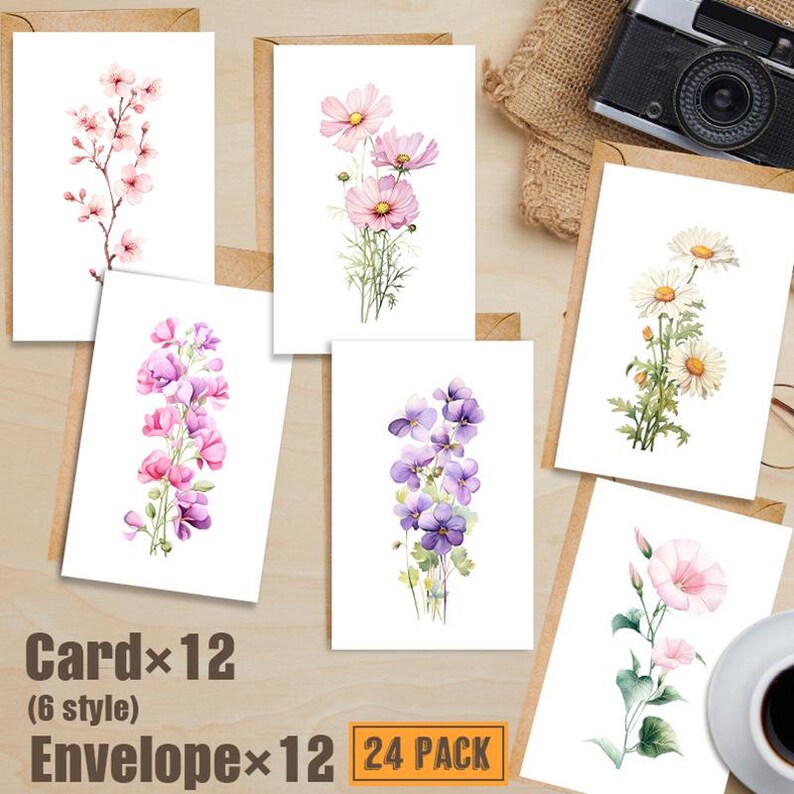 Set of 24 Minimalist Floral Greeting Card Set for Simple Gift
