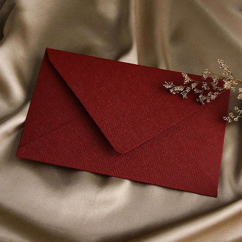 Crimson Linen Envelopes with Kraft Paper, Romantic Stationery Kit