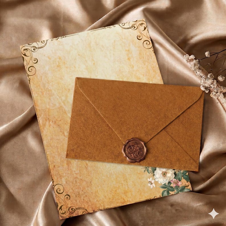 Crimson Linen Envelopes with Kraft Paper, Romantic Stationery Kit