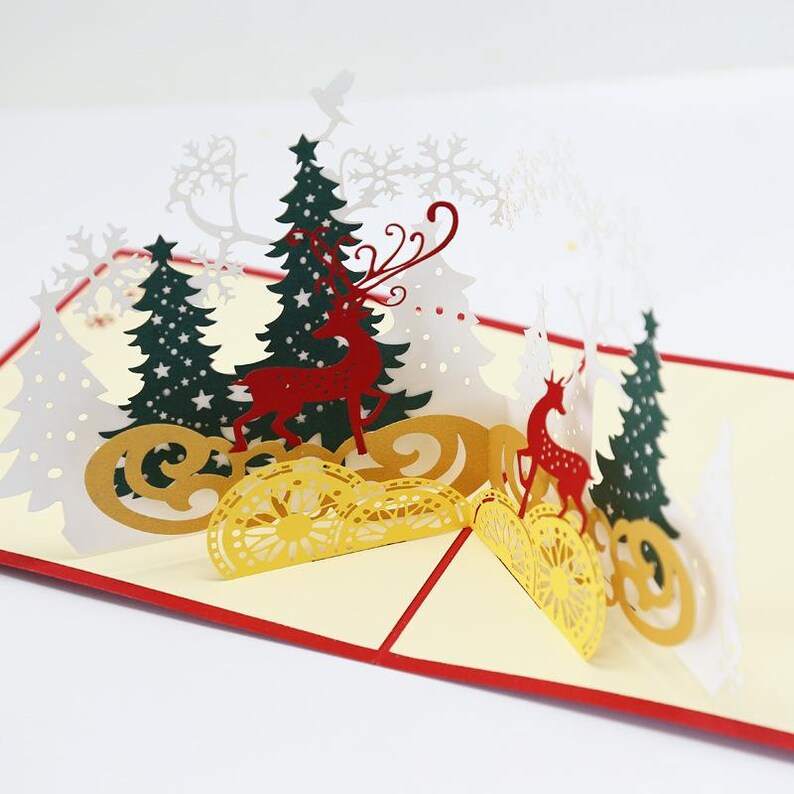 Christmas Pop Up Card Deer forest Holiday Decor Gift for Family