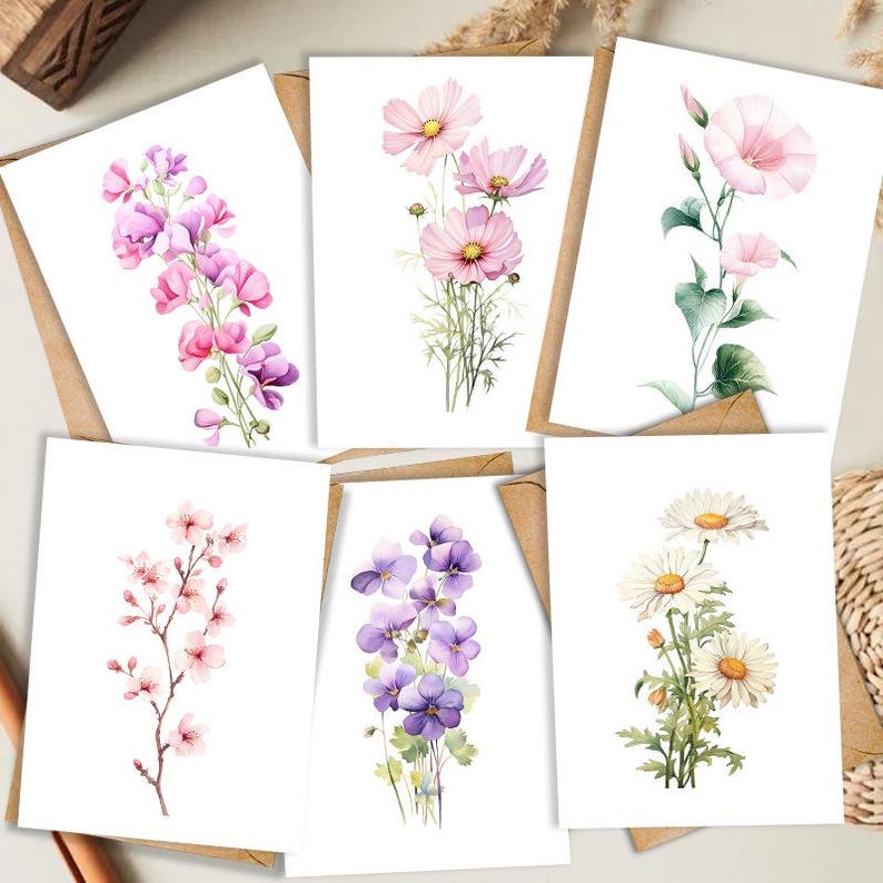 Set of 24 Minimalist Floral Greeting Card Set for Simple Gift