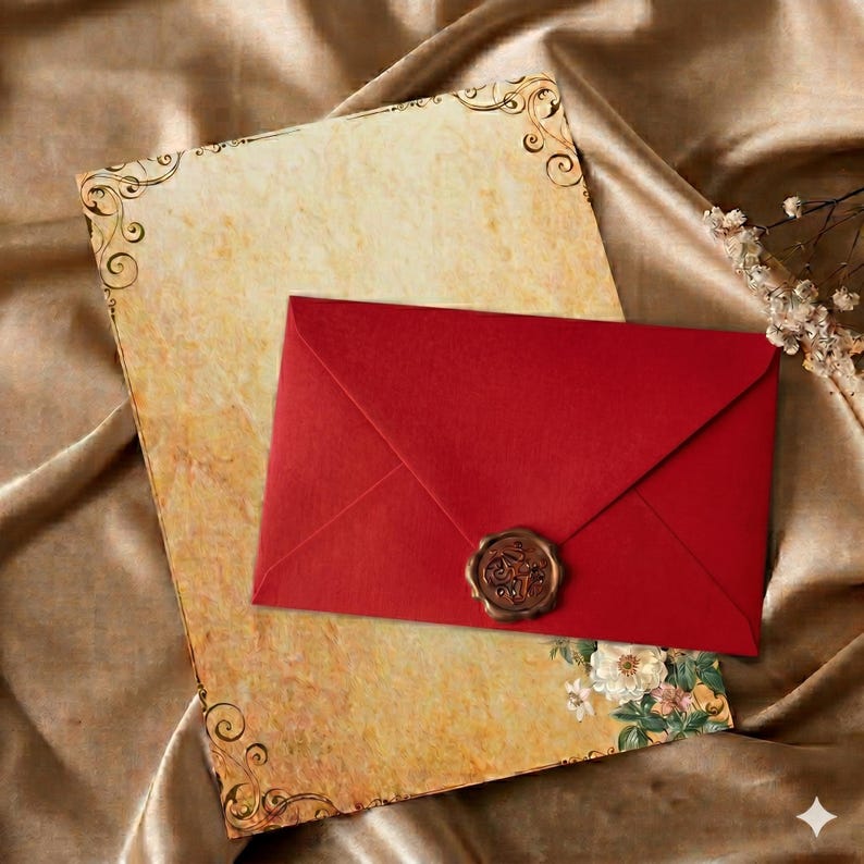 Crimson Linen Envelopes with Kraft Paper, Romantic Stationery Kit