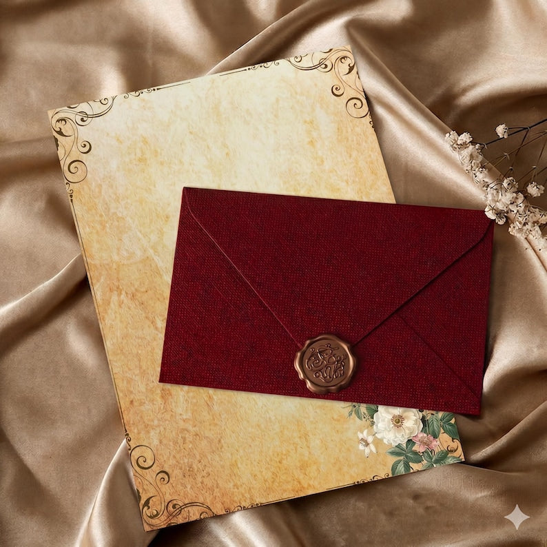 Crimson Linen Envelopes with Kraft Paper, Romantic Stationery Kit