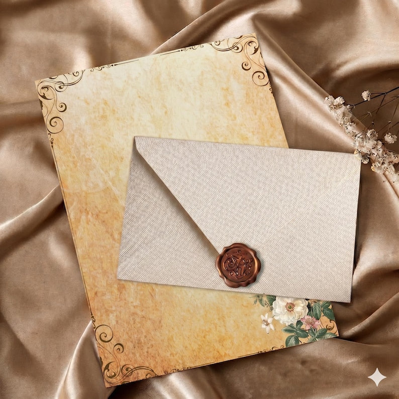 Crimson Linen Envelopes with Kraft Paper, Romantic Stationery Kit
