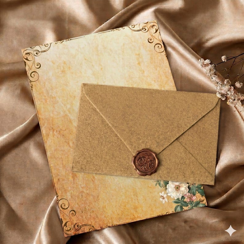 Crimson Linen Envelopes with Kraft Paper, Romantic Stationery Kit