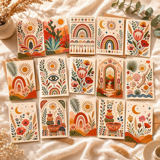Boho Greeting Card Set of 6 with Envelopes, Blank Desert Floral Sun Rainbow Cards