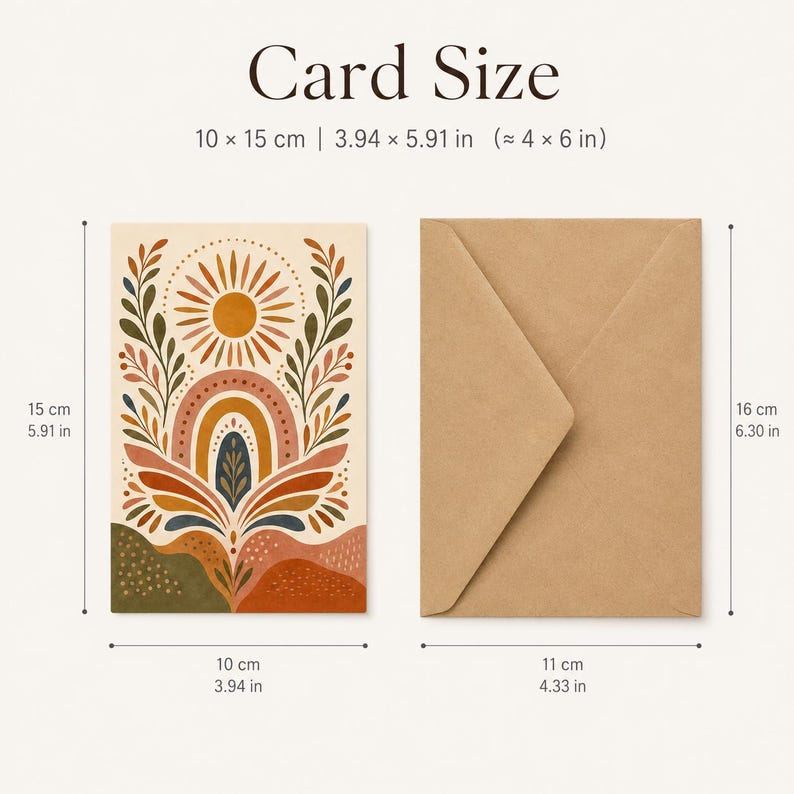 Boho Greeting Card Set of 6 with Envelopes, Blank Desert Floral Sun Rainbow Cards
