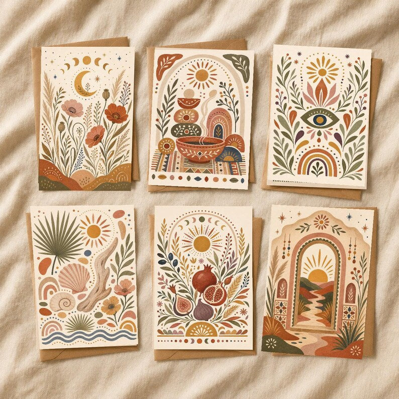 Boho Greeting Card Set of 6 with Envelopes, Blank Desert Floral Sun Rainbow Cards