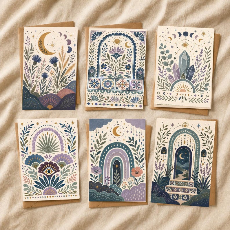 Boho Greeting Card Set of 6 with Envelopes, Blank Desert Floral Sun Rainbow Cards