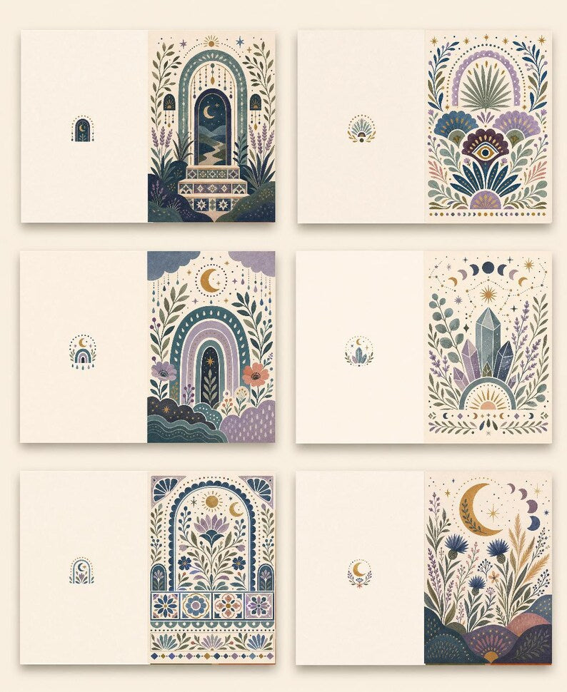 Boho Greeting Card Set of 6 with Envelopes, Blank Desert Floral Sun Rainbow Cards