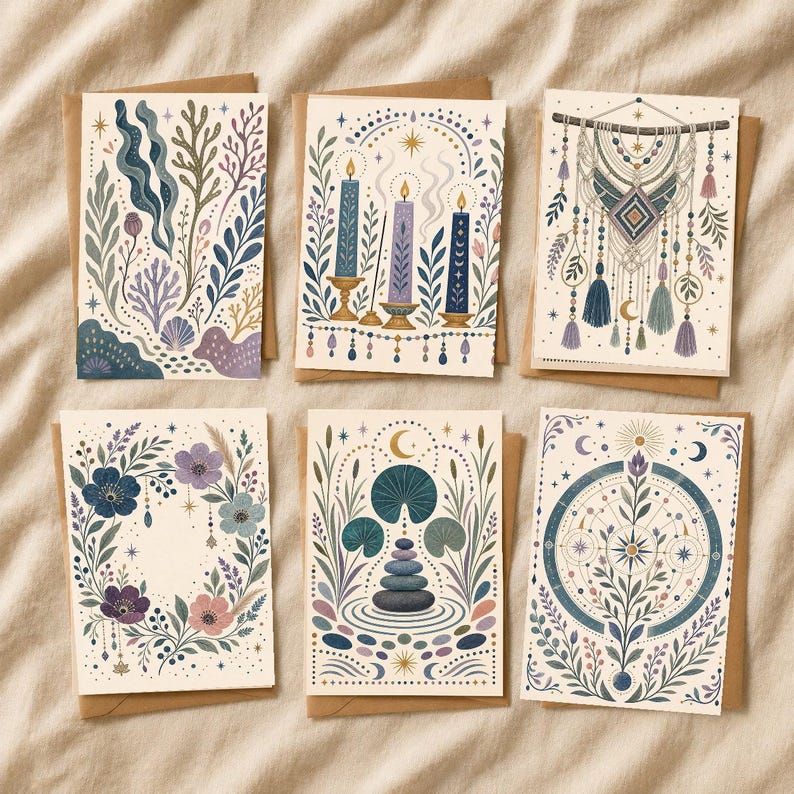 Boho Greeting Card Set of 6 with Envelopes, Blank Desert Floral Sun Rainbow Cards