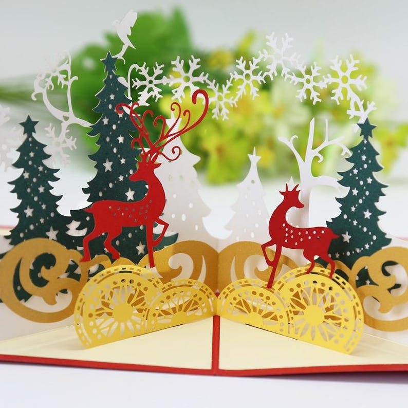 Christmas Pop Up Card Deer forest Holiday Decor Gift for Family