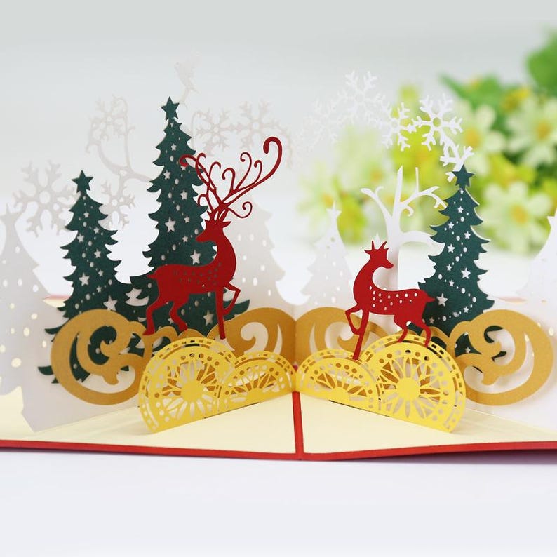 Christmas Pop Up Card Deer forest Holiday Decor Gift for Family