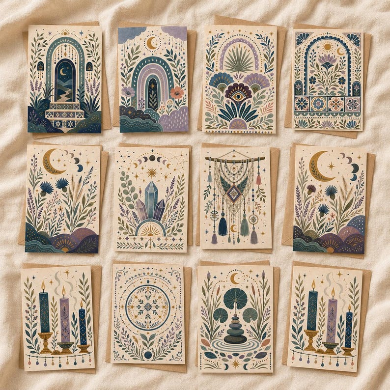 Boho Greeting Card Set of 6 with Envelopes, Blank Desert Floral Sun Rainbow Cards