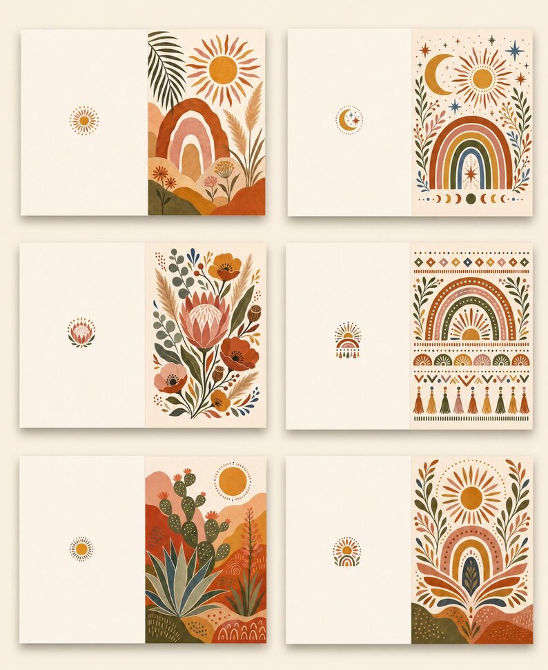 Boho Greeting Card Set of 6 with Envelopes, Blank Desert Floral Sun Rainbow Cards