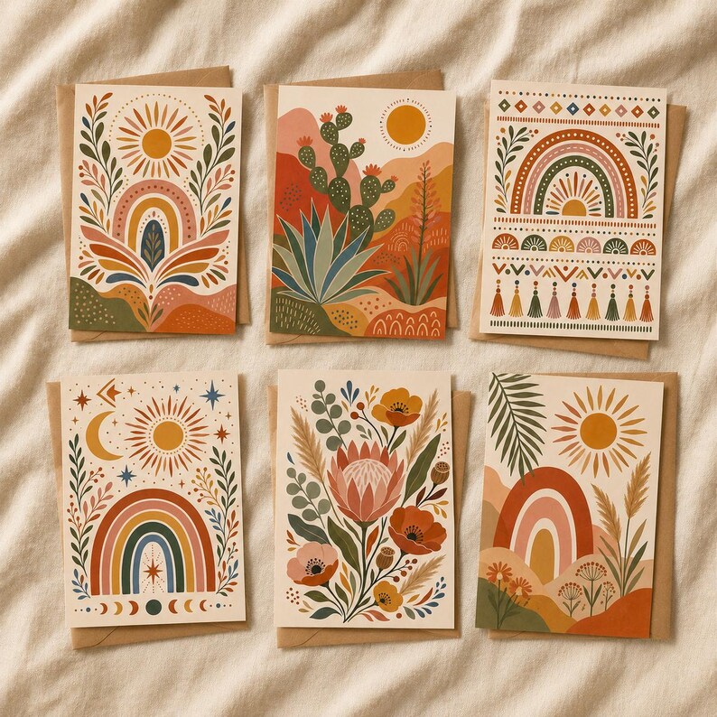 Boho Greeting Card Set of 6 with Envelopes, Blank Desert Floral Sun Rainbow Cards