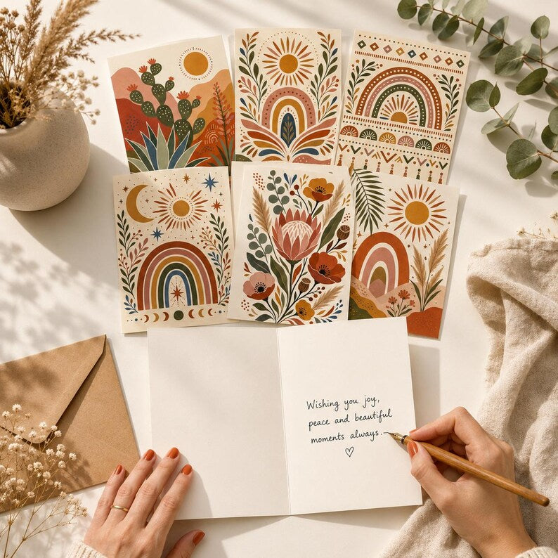 Boho Greeting Card Set of 6 with Envelopes, Blank Desert Floral Sun Rainbow Cards
