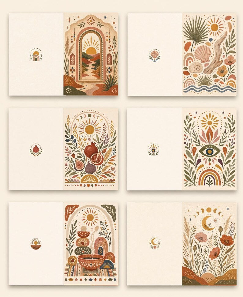 Boho Greeting Card Set of 6 with Envelopes, Blank Desert Floral Sun Rainbow Cards
