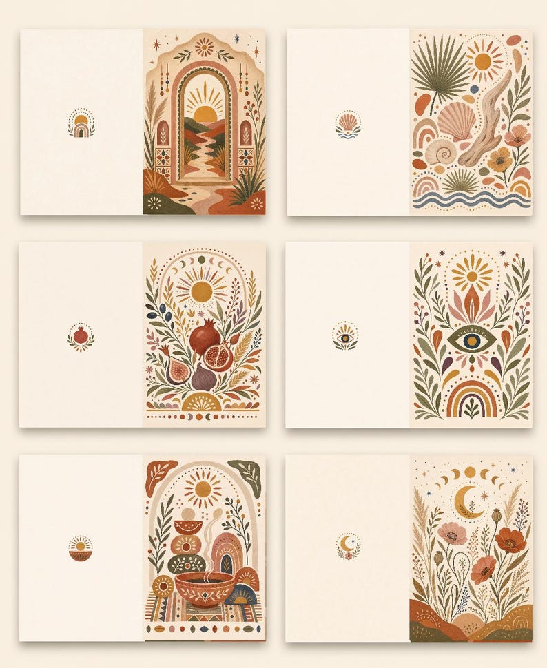 Boho Greeting Card Set of 6 with Envelopes, Blank Desert Floral Sun Rainbow Cards