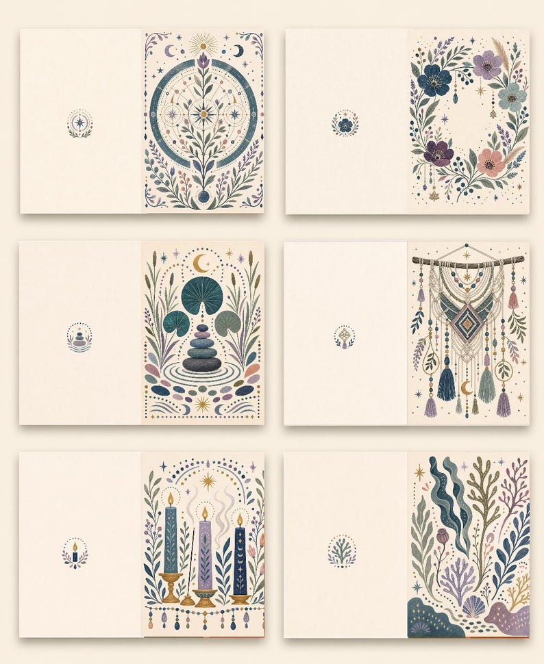 Boho Greeting Card Set of 6 with Envelopes, Blank Desert Floral Sun Rainbow Cards
