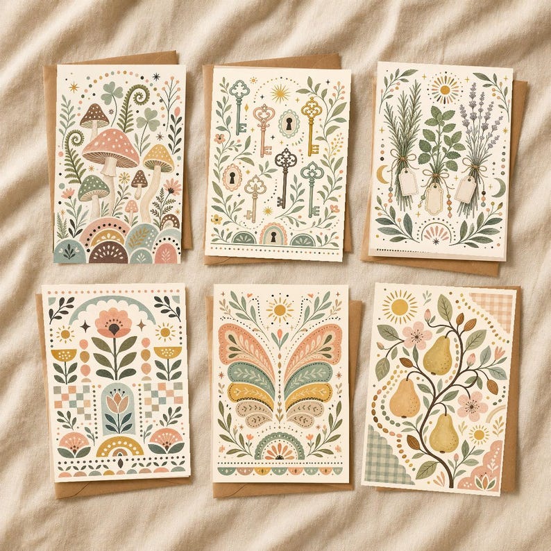 Boho Greeting Card Set of 6 with Envelopes, Blank Desert Floral Sun Rainbow Cards
