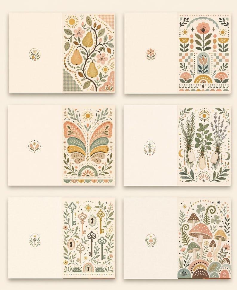 Boho Greeting Card Set of 6 with Envelopes, Blank Desert Floral Sun Rainbow Cards